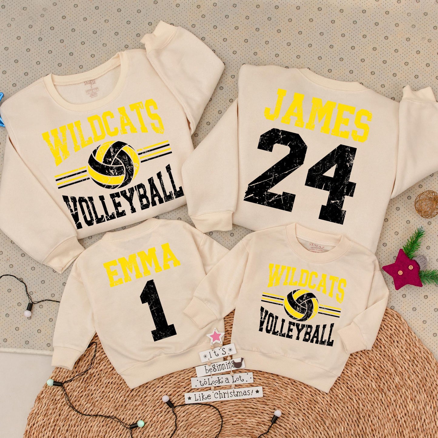 Wildcats Volleyball Mom Sweatshirt Custom Name Number, Game Day Sports Team Sweater Personalized High School Volleyball Fan Gift Yellow Black Design