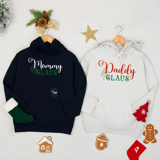 Mommy Daddy Claus Matching Christmas Baby Announcement Sweatshirts for Parents with Festive Red Green Tree Design, Best Holiday Gift Ever