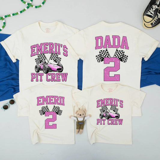 Two Fast Birthday Family Matching T-Shirts Race Car Pit Crew Dada & Girl Celebration Outfits Retro Pink Design