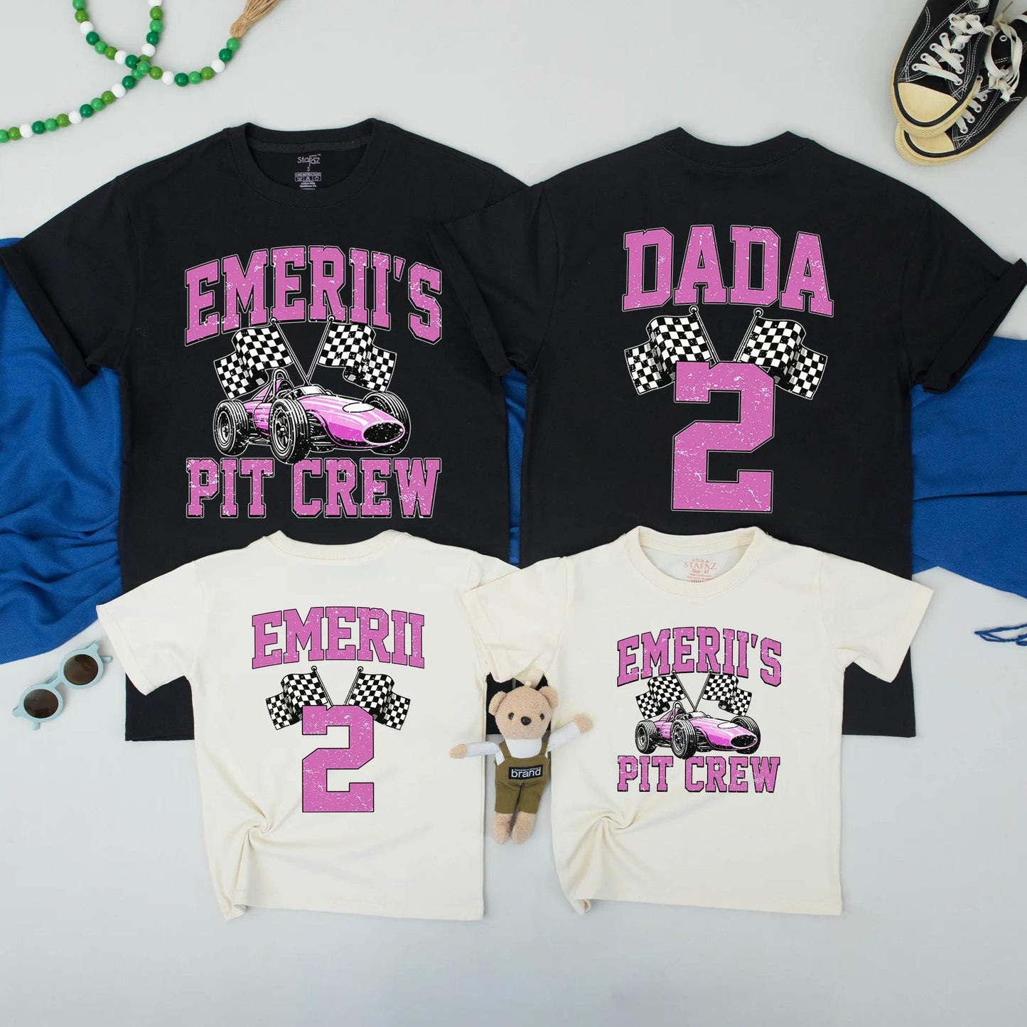Two Fast Birthday Family Matching T-Shirts Race Car Pit Crew Dada & Girl Celebration Outfits Retro Pink Design