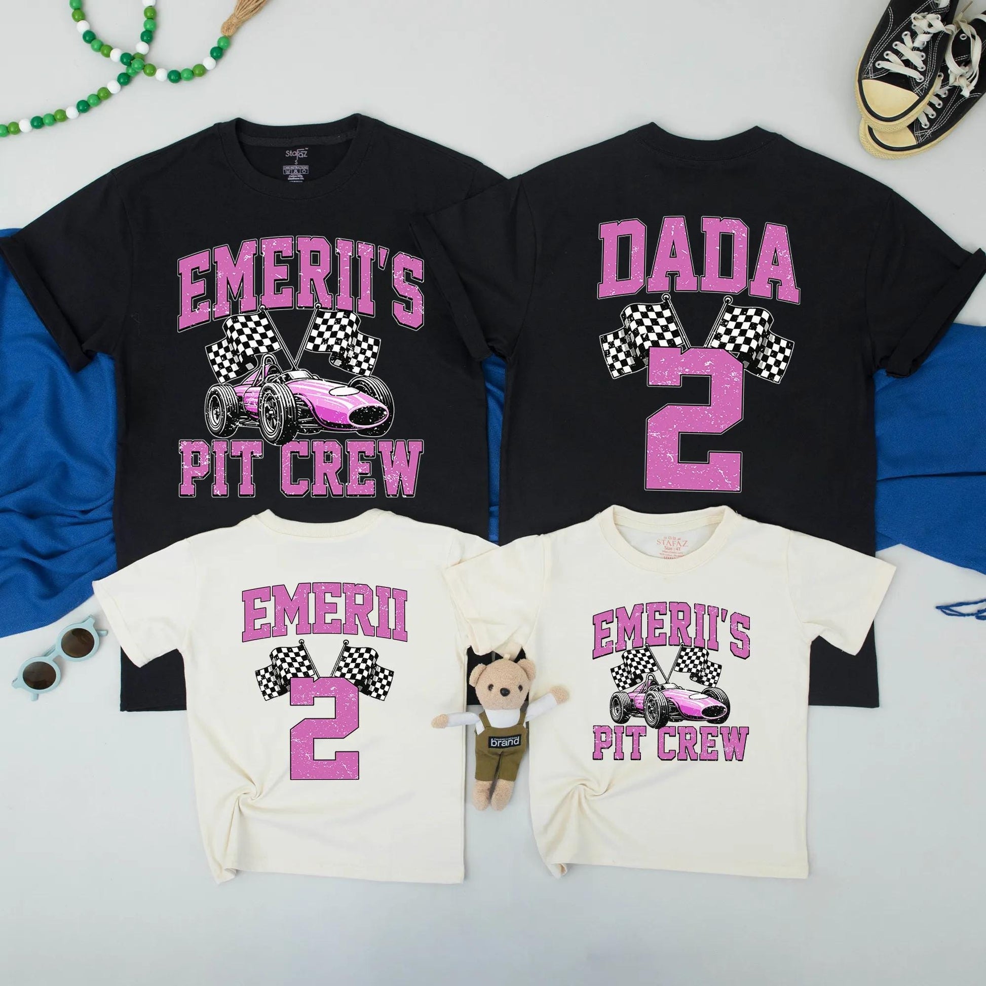 Two Fast Birthday Family Matching T-Shirts Race Car Pit Crew Dada & Girl Celebration Outfits Retro Pink Design