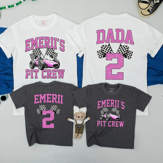 Two Fast Birthday Family Matching T-Shirts Race Car Pit Crew Dada & Girl Celebration Outfits Retro Pink Design