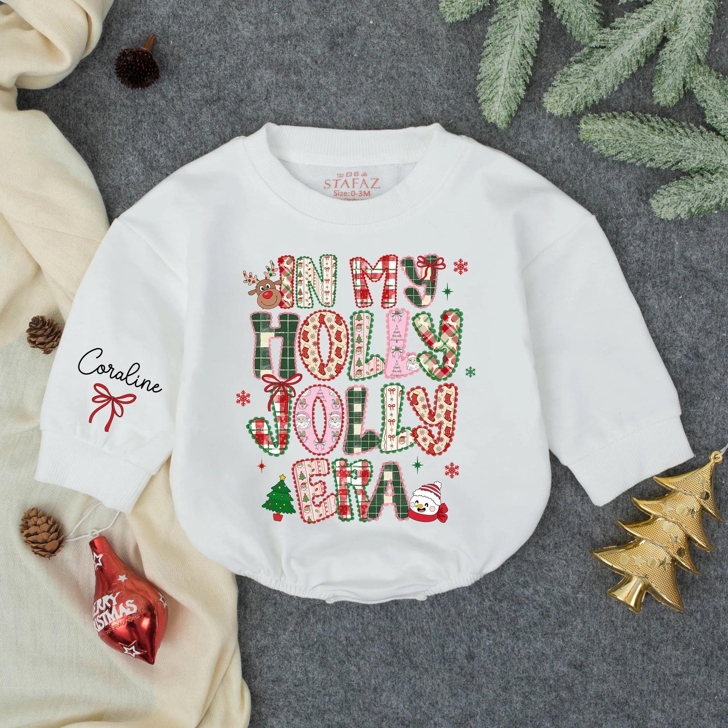 Custom In My Holly Jolly Era Christmas Baby Girl Bubble Romper Outfit, Personalized Toddler Holiday Bodysuit, Winter Baby Shower Gift