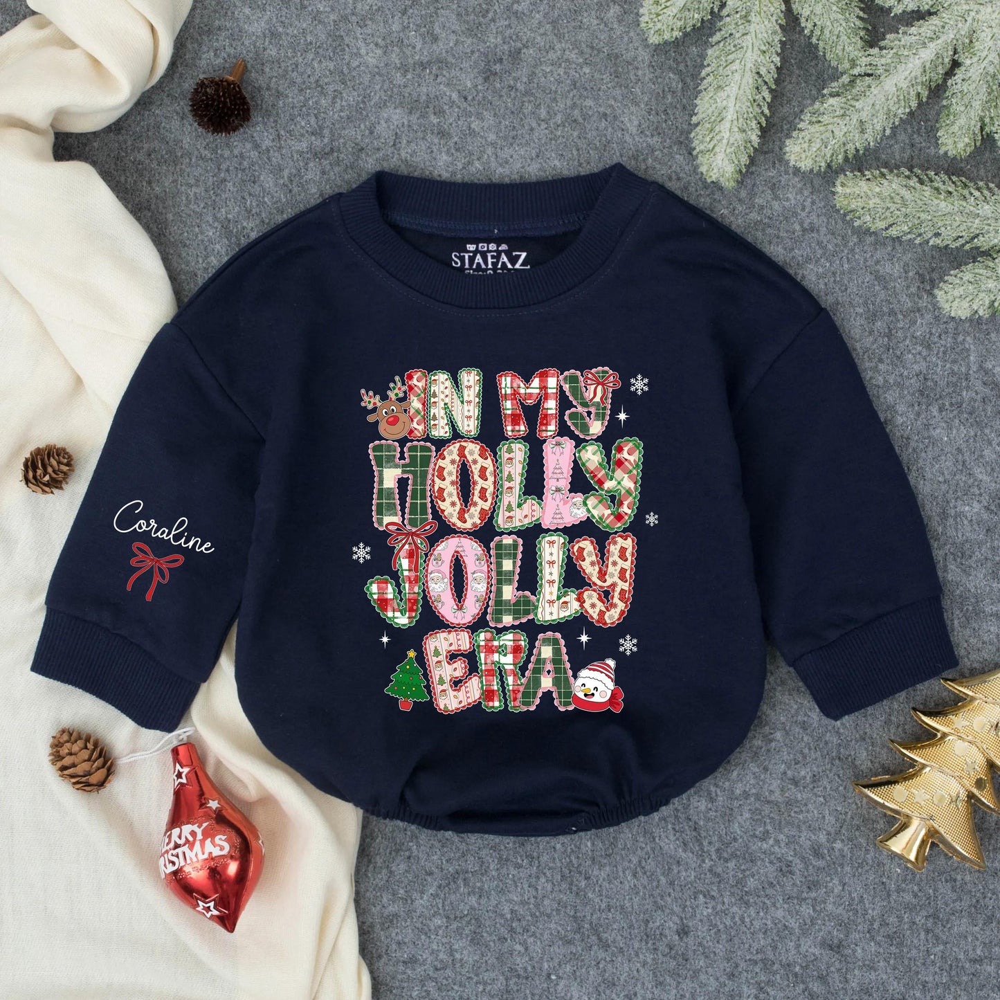 Custom In My Holly Jolly Era Christmas Baby Girl Bubble Romper Outfit, Personalized Toddler Holiday Bodysuit, Winter Baby Shower Gift
