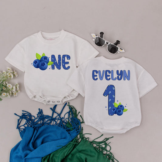 Personalized Blueberry One Girl Birthday Romper Bodysuit Floral Design Sweet First Birthday Baby Outfit Green Leaves Blue Accents Cake Smash