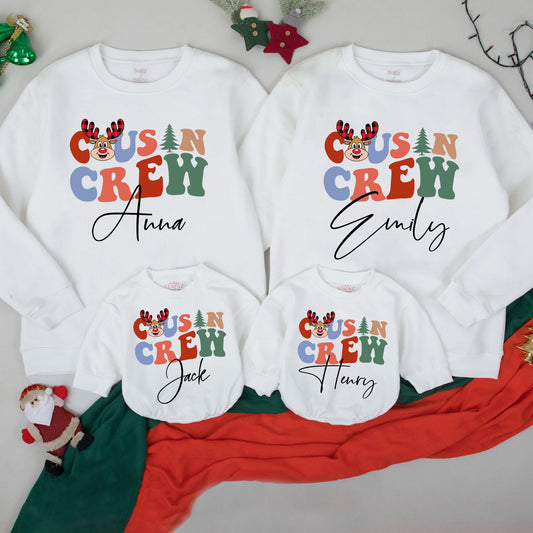 Personalized Christmas Cousin Crew Sweatshirt Toddler Kids Matching Holiday Pullover with Groovy Reindeer Tree Font and Vintage Colors