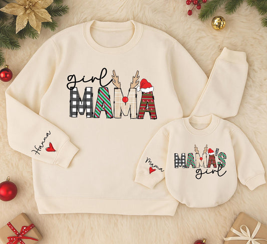 Sweet Girl Mama & Mama's Girl Christmas Sweatshirt Cozy Matching Outfits for Mom and Daughter Festive Buffalo Plaid & Deer Antler Designs