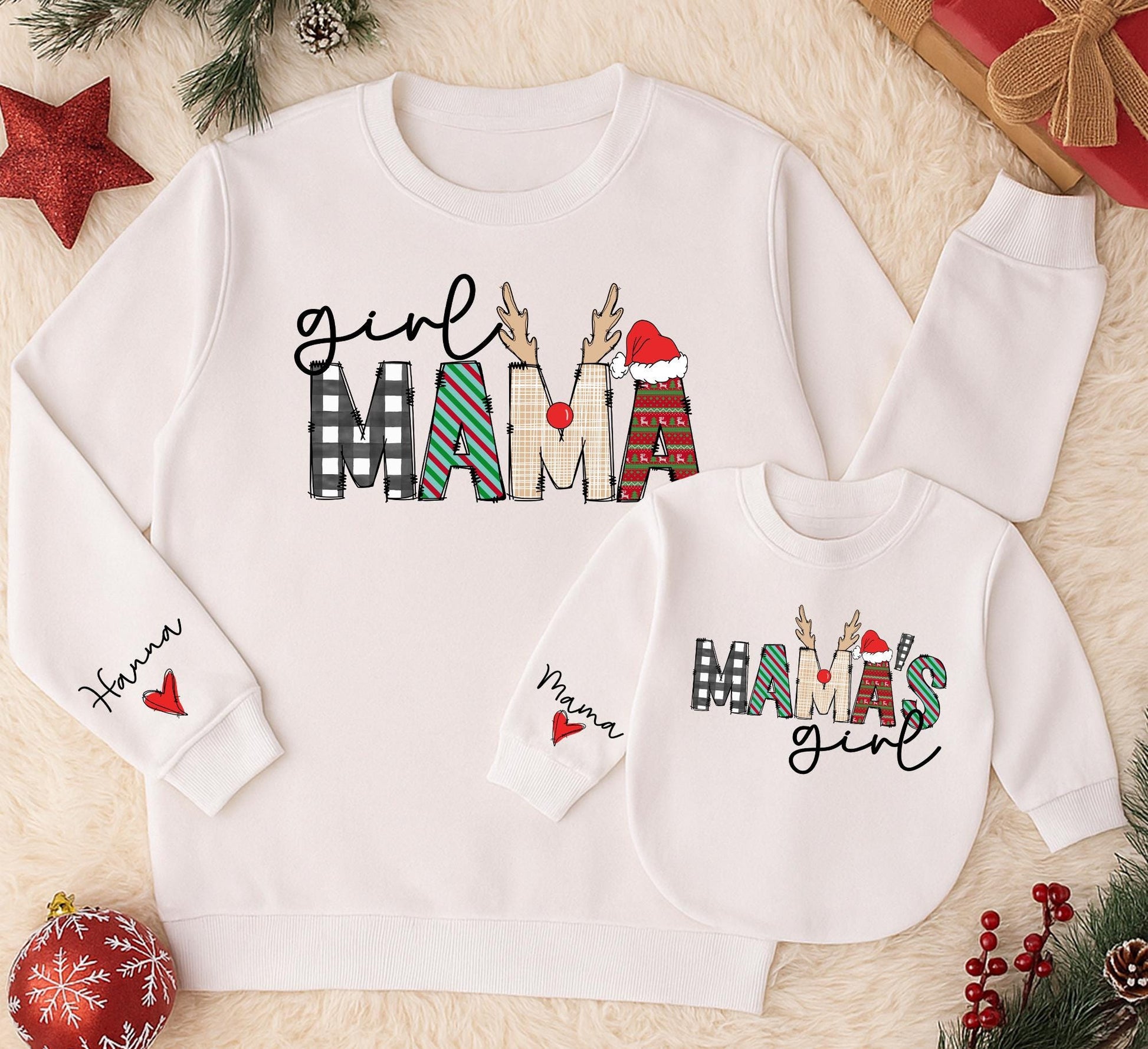 Sweet Girl Mama & Mama's Girl Christmas Sweatshirt Cozy Matching Outfits for Mom and Daughter Festive Buffalo Plaid & Deer Antler Designs