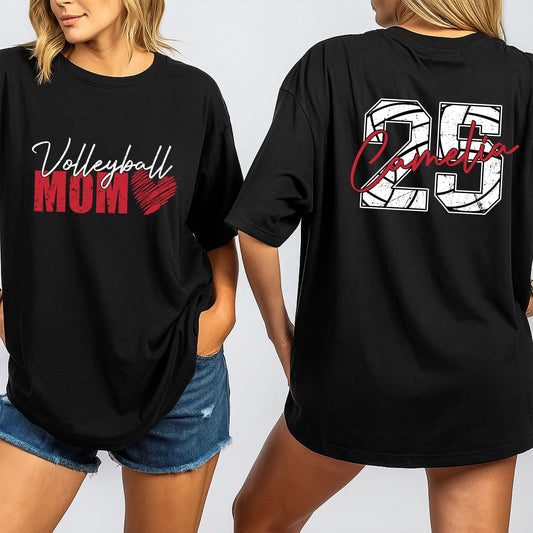 Volleyball Mom Shirt Custom Number 25 Camelia Team Tee, Personalized Name, Game Day Sports Outfit, Volleyball Fan Gift for Women, Red Heart Design