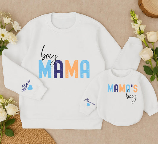 Custom Boy Mama Sweatshirt Romper Set, Personalized Name Sleeve, Newborn Gift for Her, Modern Mom and Baby Matching Outfit, Christmas Present (139 chars)