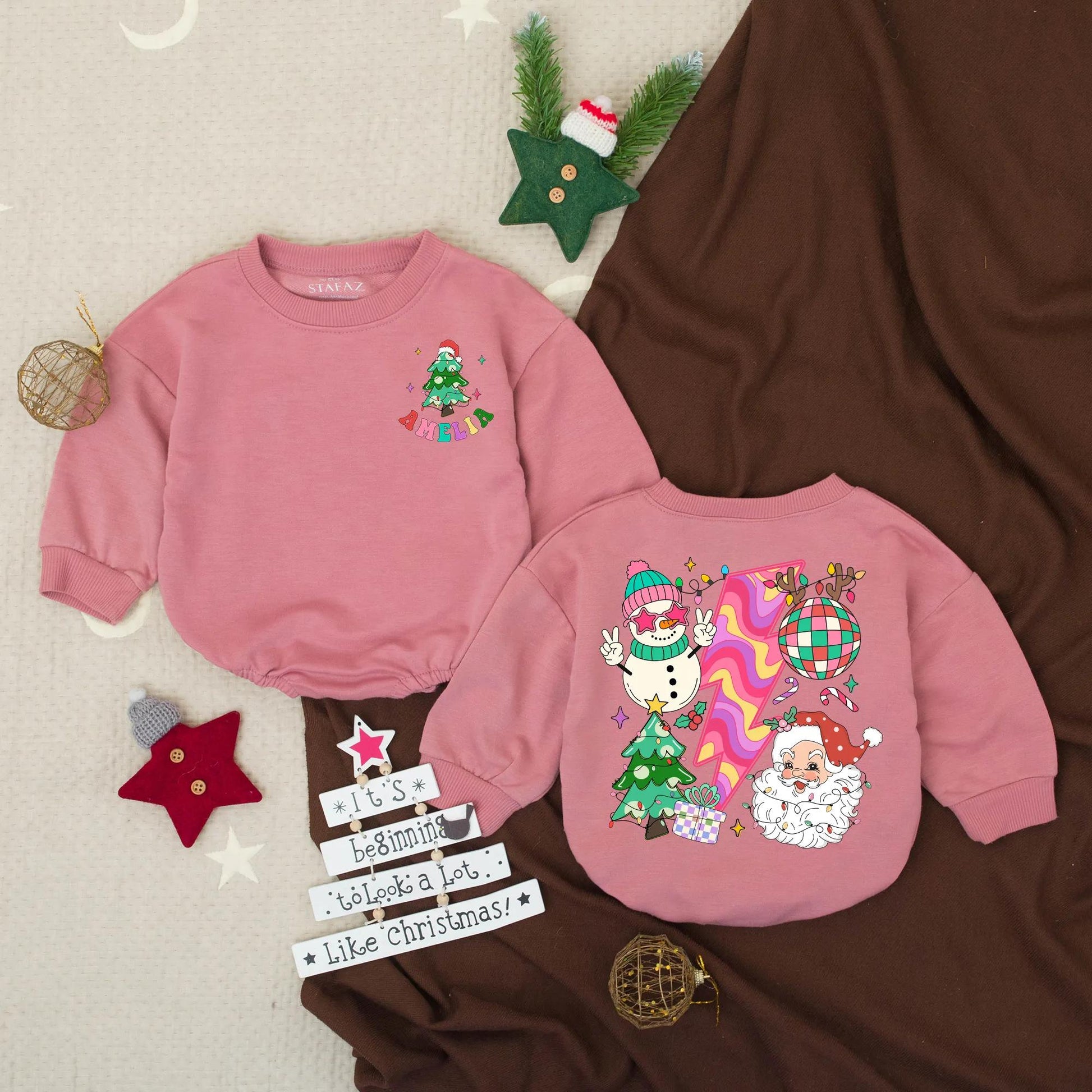 Groovy Christmas Baby Romper: Retro Holiday Outfit with 'AMELIA' & Fun Festive Design, Cute Xmas Toddler Bodysuit Gift, Baby Holiday Clothes (138 chars)
