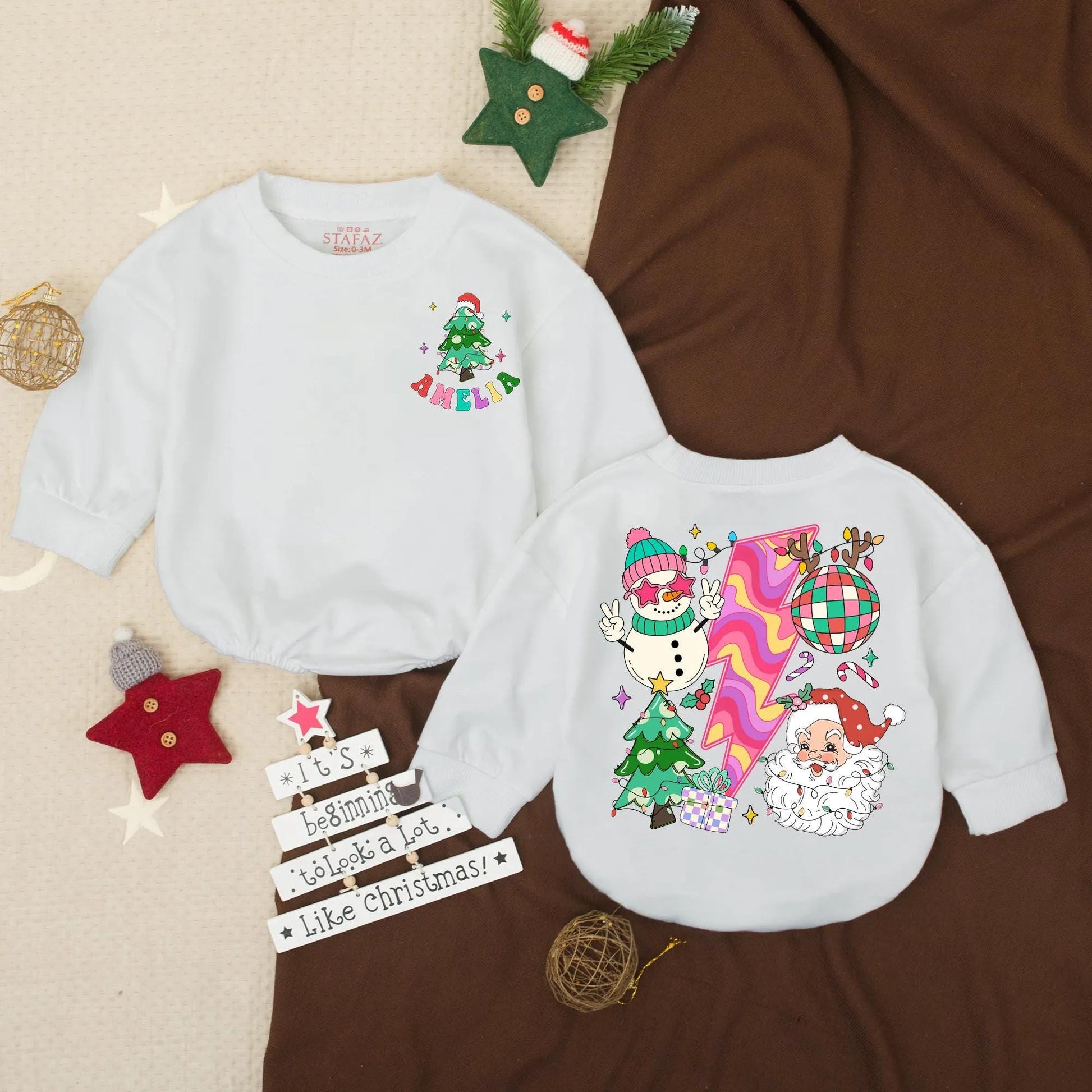 Groovy Christmas Baby Romper: Retro Holiday Outfit with 'AMELIA' & Fun Festive Design, Cute Xmas Toddler Bodysuit Gift, Baby Holiday Clothes (138 chars)