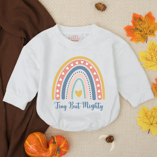 Retro Rainbow Baby Romper, Tiny But Mighty Infant Outfit, Cute Gender Neutral Bodysuit, Vintage Inspired Toddler Clothes, Baby Shower Gift Idea (135 chars)