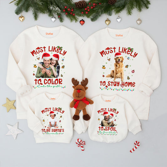 Custom Photo Funny Christmas Family Shirt Most Likely To Holiday Tee with Santa Hat & Festive Graphics Design