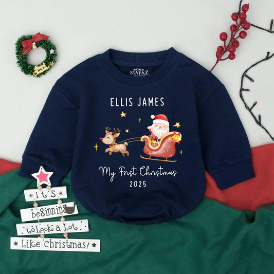 My First Christmas Bubble Romper Custom Name Neutral Retro Santa Sleigh Infant Holiday Outfit Baby Shower Gift