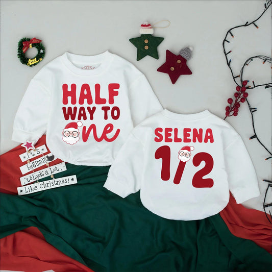 Half Way To One Santa Romper, Custom Name 1/2 Birthday Outfit, Funny Baby Christmas Bodysuit, Personalized Baby Girl Xmas Gift (138 chars)