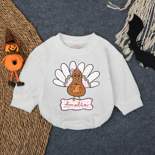 Custom Name Preppy Turkey Baby Bubble Romper Playful Cartoon Thanksgiving Infant Outfit Toddler Fall Clothes Newborn Turkey Day Gift