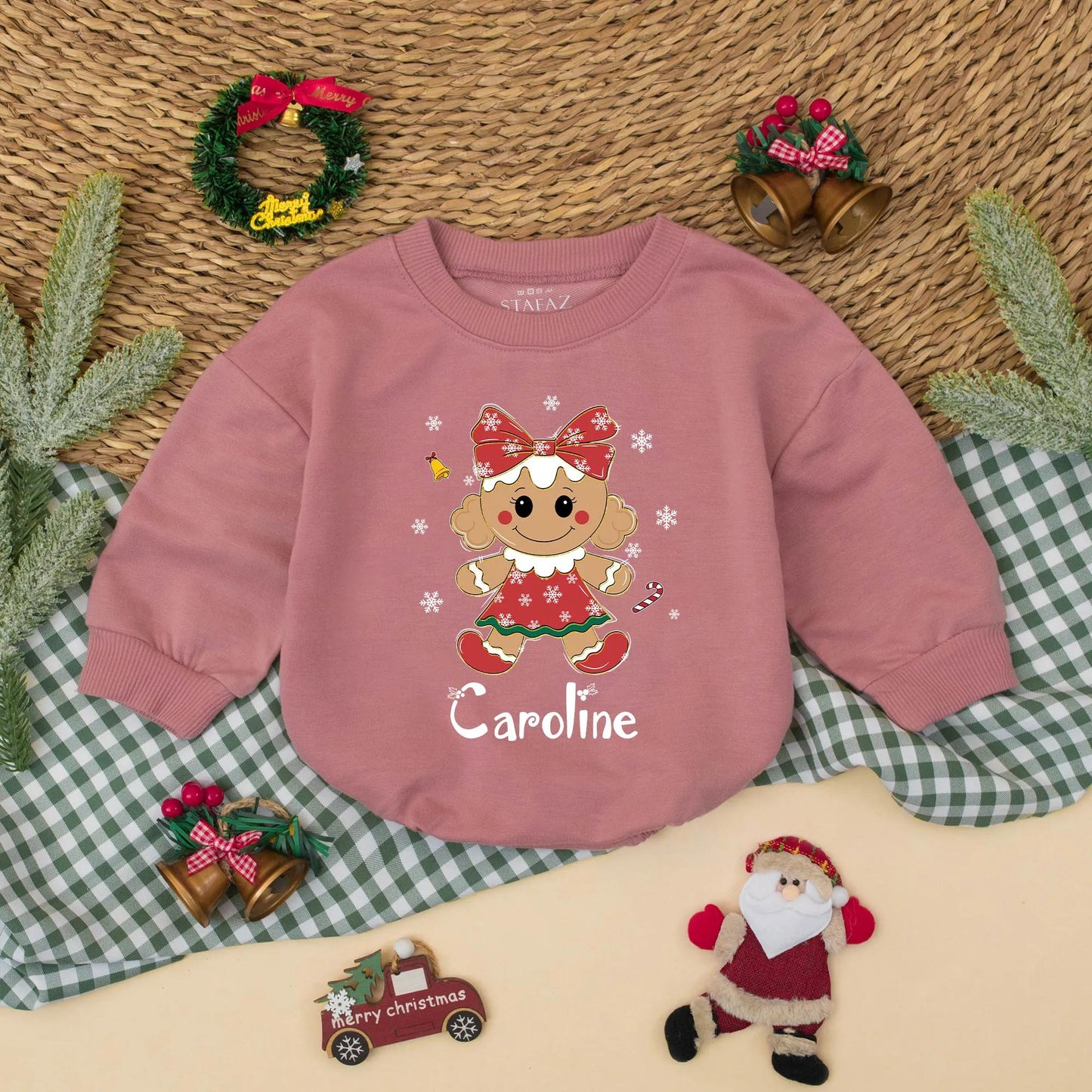 Personalized Gingerbread Christmas Romper: Camden & Caroline, Custom Holiday Outfit for Baby Girl Boy, Cute Xmas Sweatshirt, Matching Sibling Gift