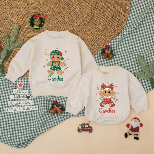 Personalized Gingerbread Christmas Romper: Camden & Caroline, Custom Holiday Outfit for Baby Girl Boy, Cute Xmas Sweatshirt, Matching Sibling Gift