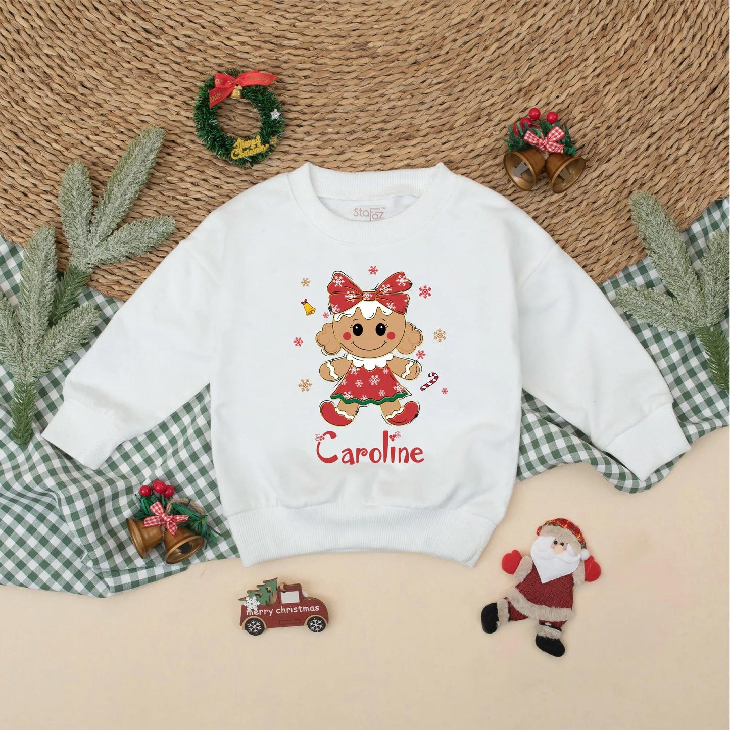 Personalized Gingerbread Christmas Romper: Camden & Caroline, Custom Holiday Outfit for Baby Girl Boy, Cute Xmas Sweatshirt, Matching Sibling Gift