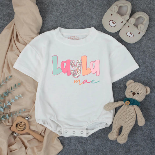 Custom Name Baby Romper Layla Mae Pastel Floral Toddler Bubble Bodysuit Minimalist Girl Birthday Gift