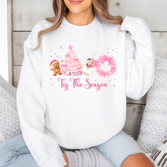 Cute Pink Christmas Tis The Season Sweatshirt featuring Vintage Santa, Festive Pink Tree, Gingerbread Man, and Merry Holiday Crewneck Sweater