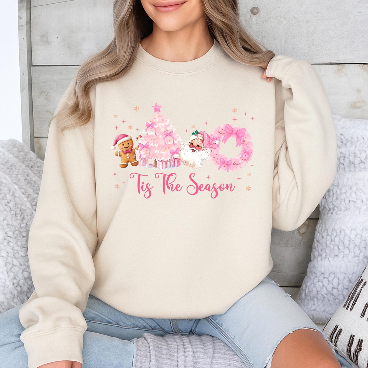 Cute Pink Christmas Tis The Season Sweatshirt featuring Vintage Santa, Festive Pink Tree, Gingerbread Man, and Merry Holiday Crewneck Sweater