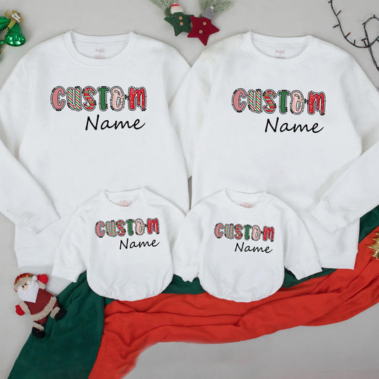 Retro Christmas Custom Name Bubble Romper Festive Plaid & Sweater Patterns Personalized Xmas Family Outfit Toddler Girl First Christmas Gift