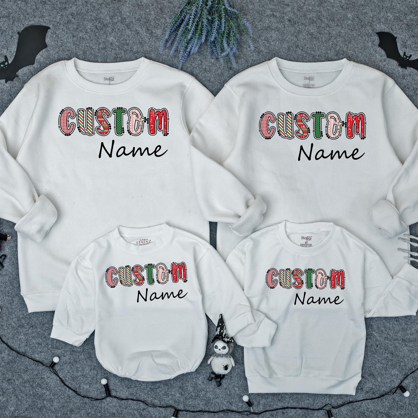 Retro Christmas Custom Name Bubble Romper Festive Plaid & Sweater Patterns Personalized Xmas Family Outfit Toddler Girl First Christmas Gift