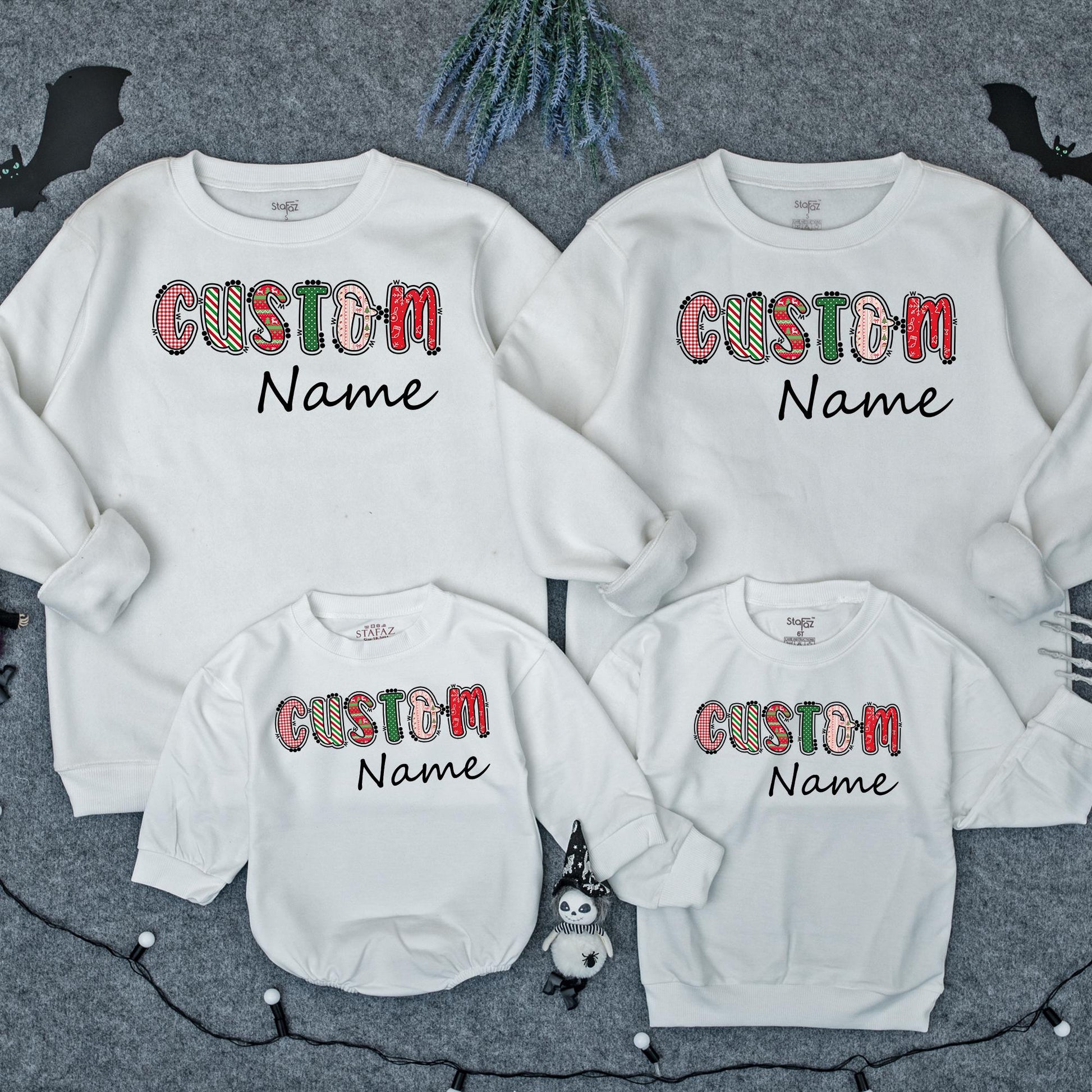 Retro Christmas Custom Name Bubble Romper Festive Plaid & Sweater Patterns Personalized Xmas Family Outfit Toddler Girl First Christmas Gift