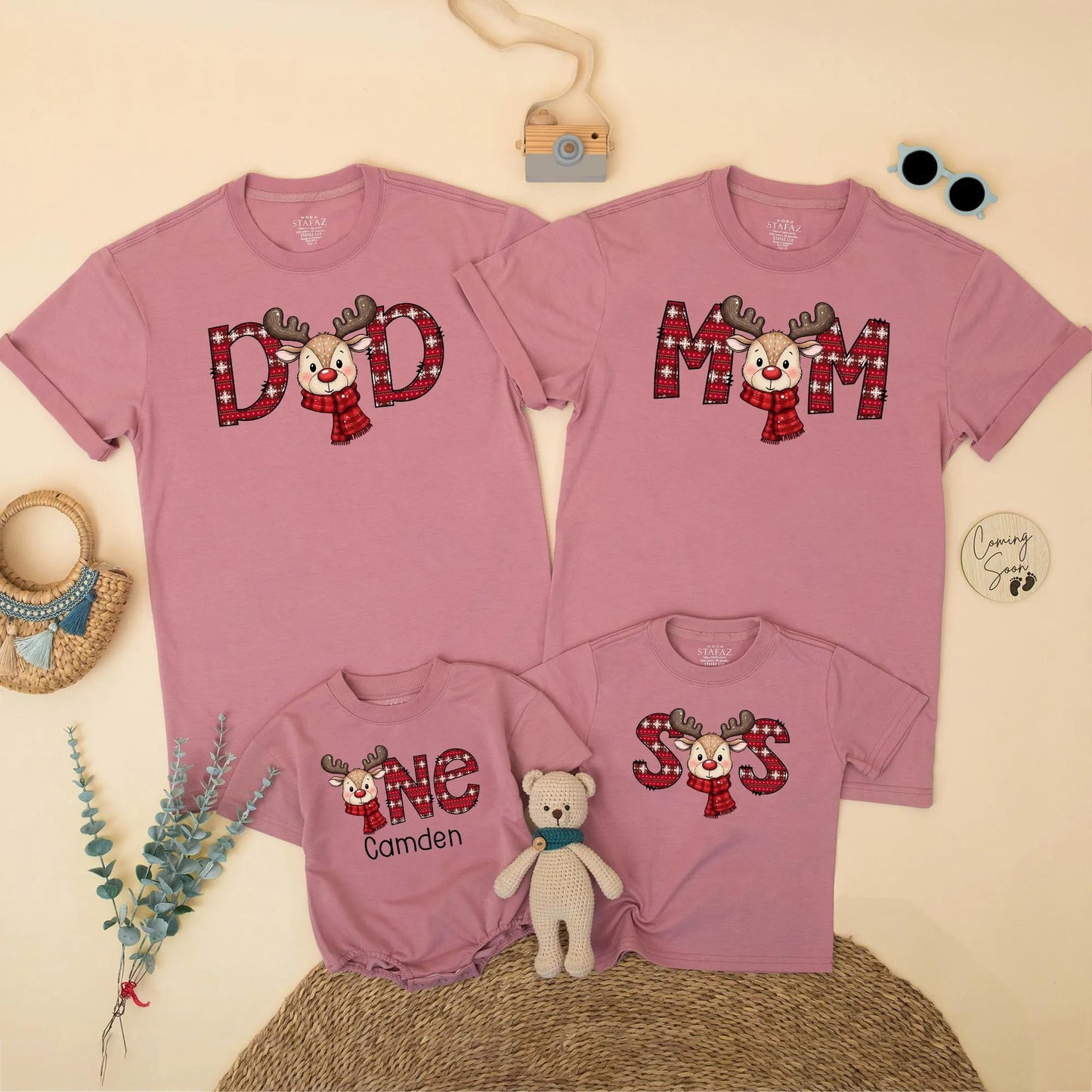 Reindeer Family Christmas Shirts, Plaid First Birthday Outfit, Matching Holiday Xmas Party Tee, Baby One Year Old Gift, Cheerful Red & Green