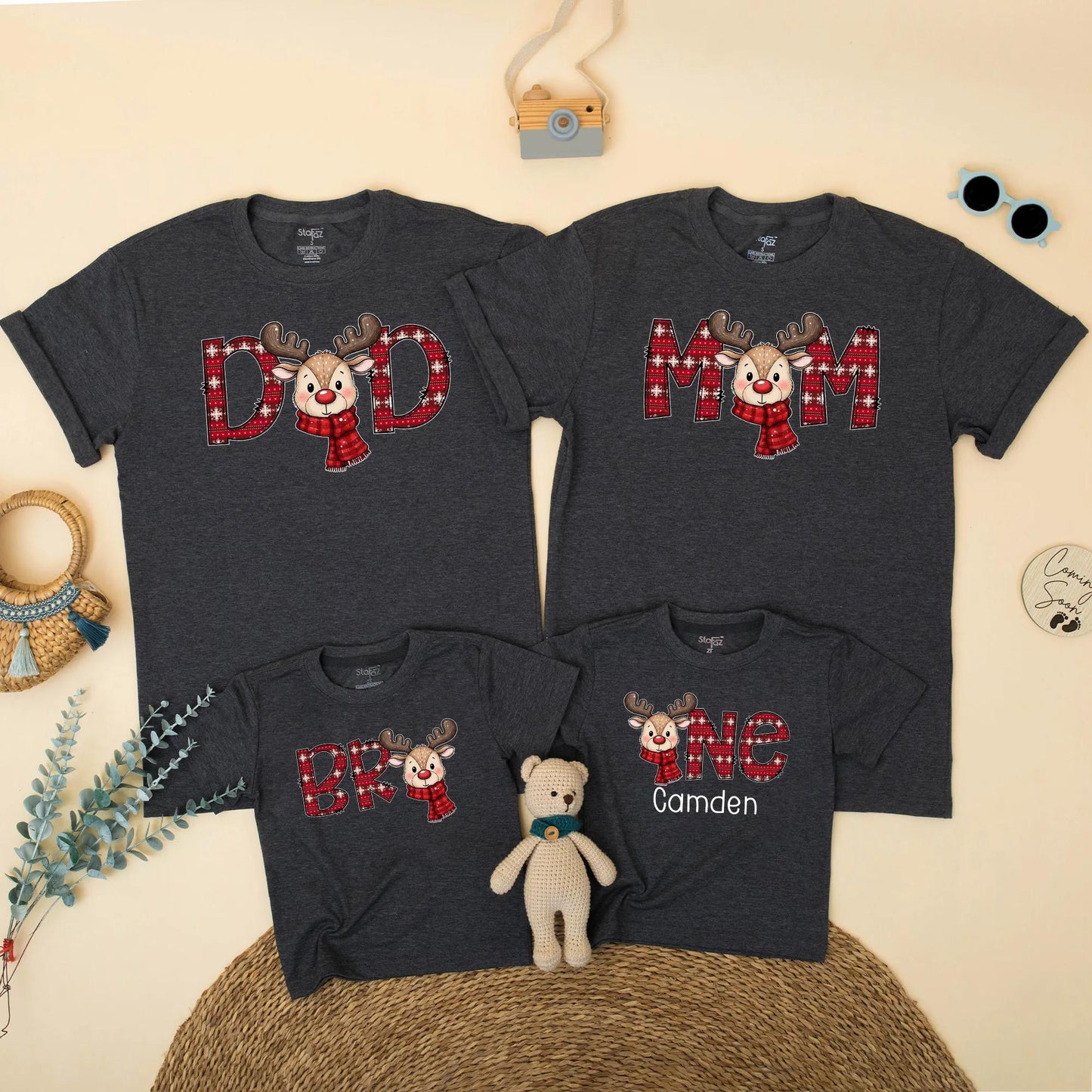 Reindeer Family Christmas Shirts, Plaid First Birthday Outfit, Matching Holiday Xmas Party Tee, Baby One Year Old Gift, Cheerful Red & Green