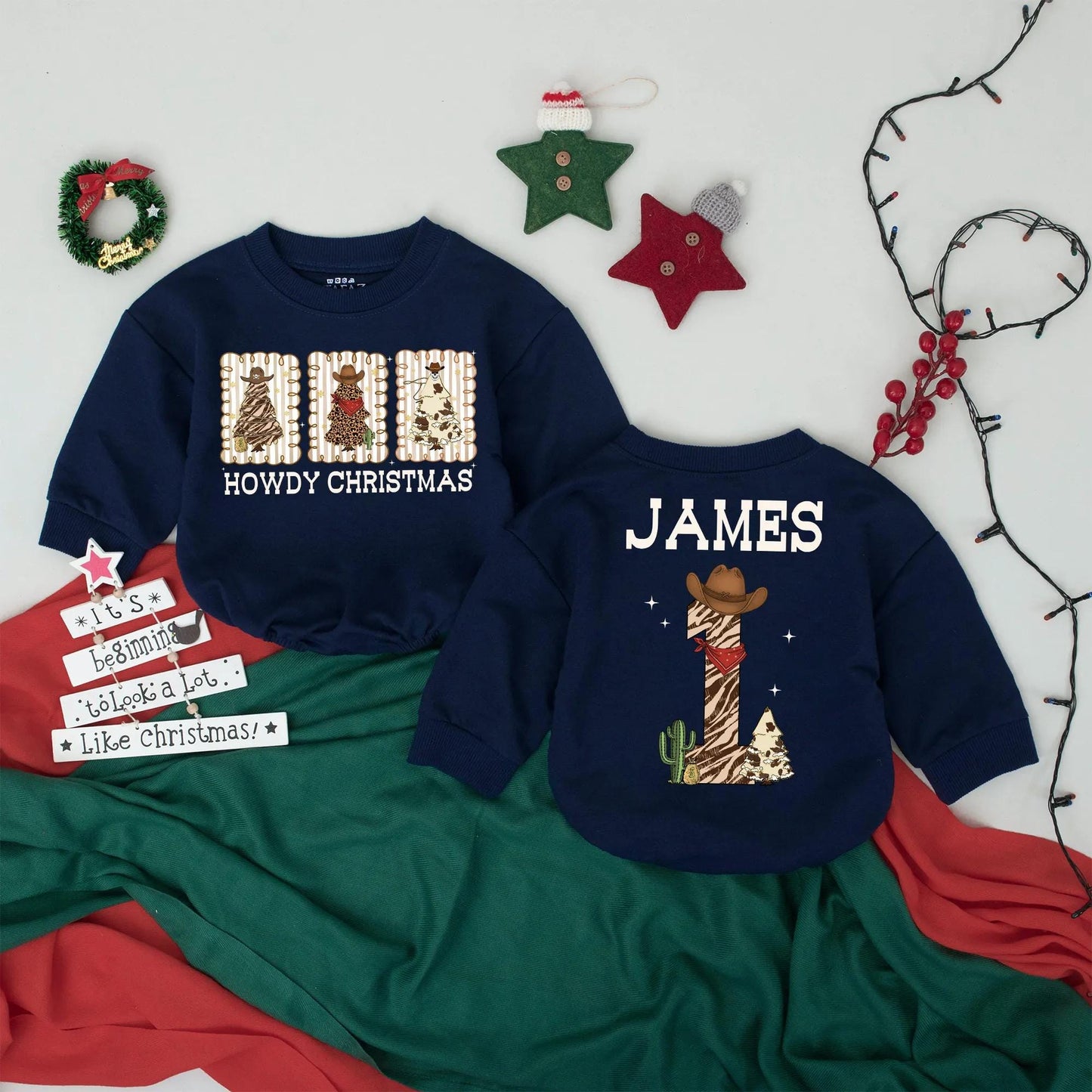 Howdy Christmas Baby Romper with Western Trees & Cowboy Hat! Custom First Christmas Outfit for Infant Girl/Boy! Tis the Season