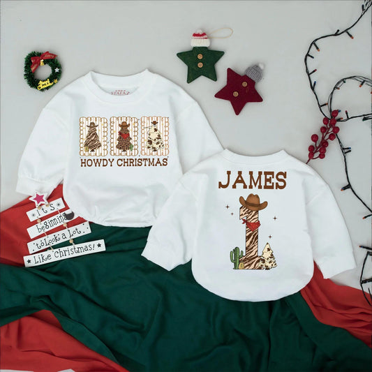 Howdy Christmas Baby Romper with Western Trees & Cowboy Hat! Custom First Christmas Outfit for Infant Girl/Boy! Tis the Season