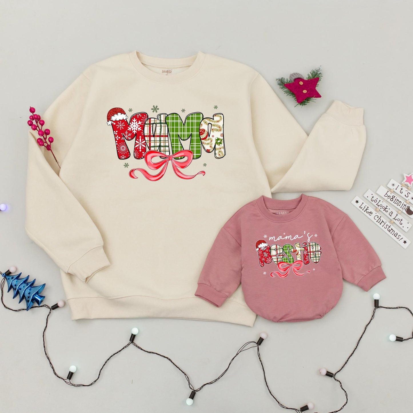 Matching Mama & Bestie Christmas Sweaters Family Xmas Outfits | Personalized Festive Holiday Sweatshirts for Mom & Baby Girl
