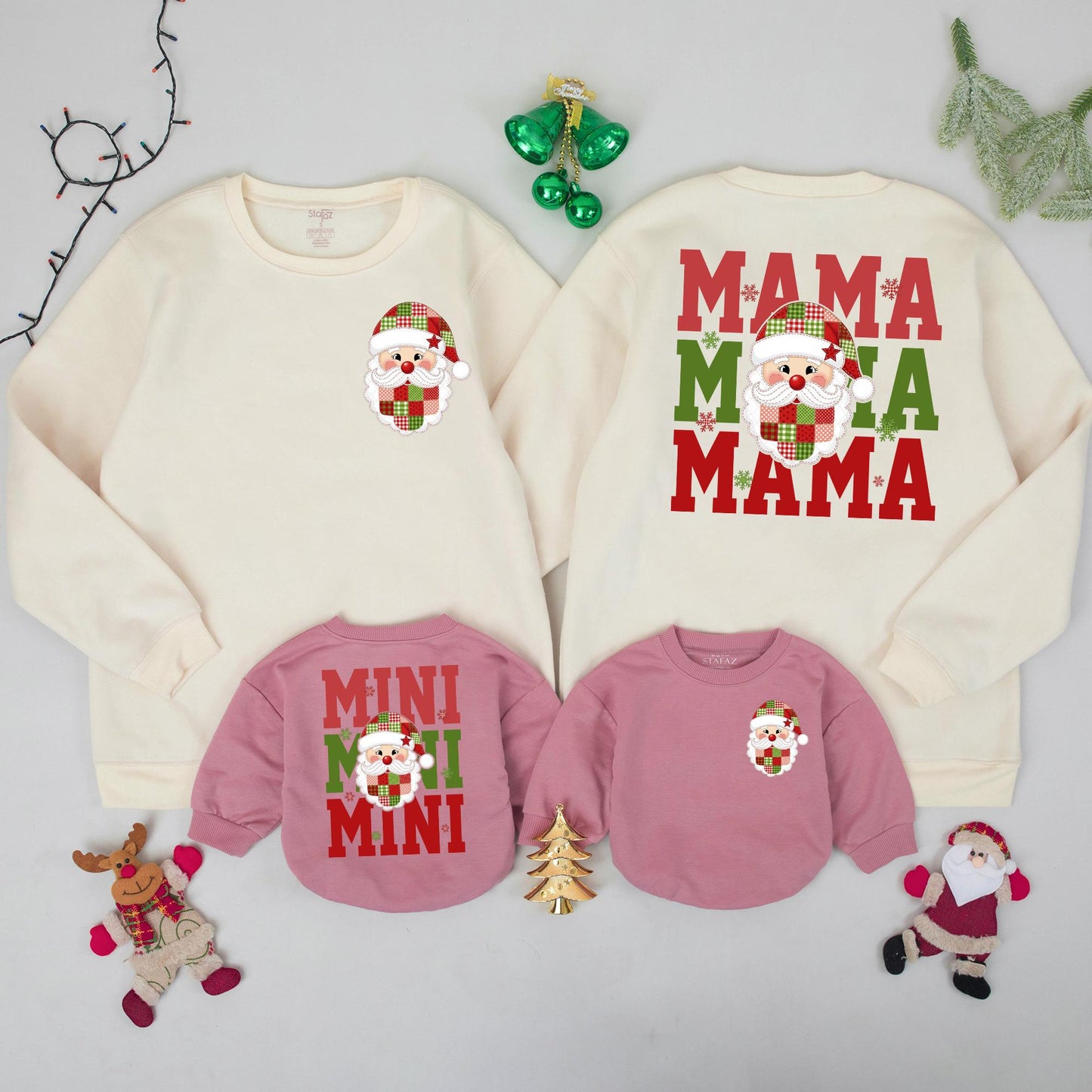Santa Mama & Mini Matching Christmas Sweatshirts Cute Cartoon Santa Family Holiday Outfits Cozy Xmas Gift for Mom and Baby