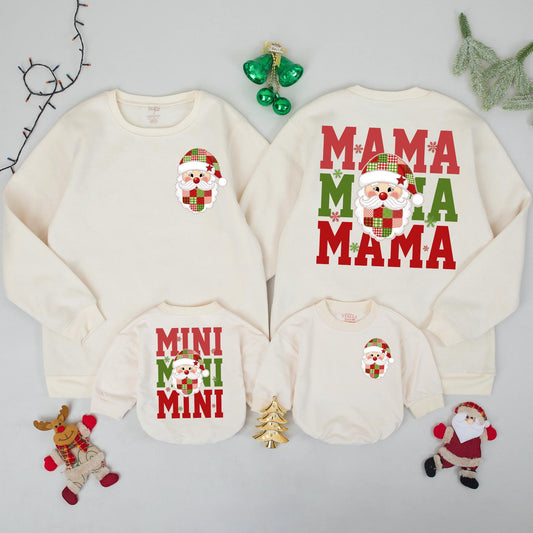 Santa Mama & Mini Matching Christmas Sweatshirts Cute Cartoon Santa Family Holiday Outfits Cozy Xmas Gift for Mom and Baby