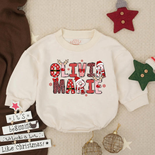 Personalized Olivia Marie Christmas Romper Outfit, Buffalo Plaid Name Baby Sweater, Festive Holiday Girl Clothes, Custom Xmas Gift Idea 139 chars