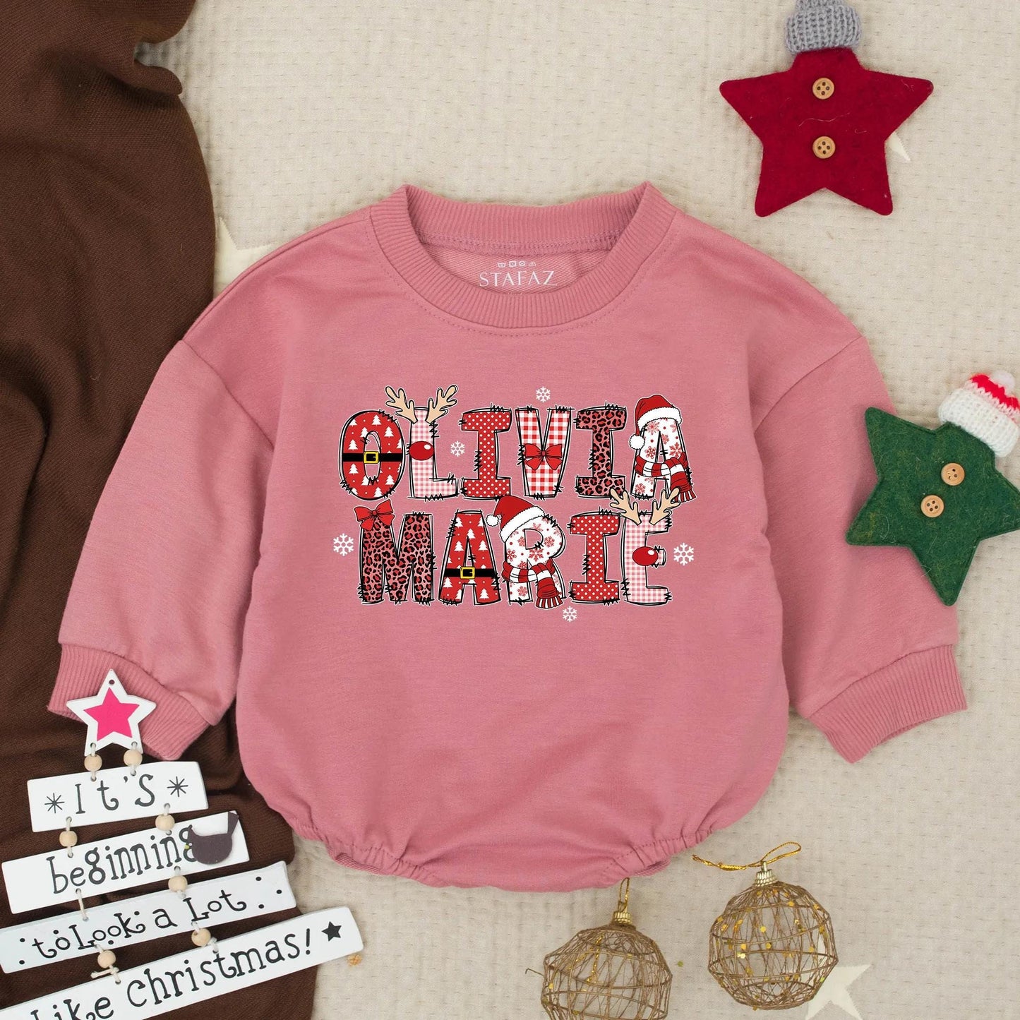 Personalized Olivia Marie Christmas Romper Outfit, Buffalo Plaid Name Baby Sweater, Festive Holiday Girl Clothes, Custom Xmas Gift Idea 139 chars