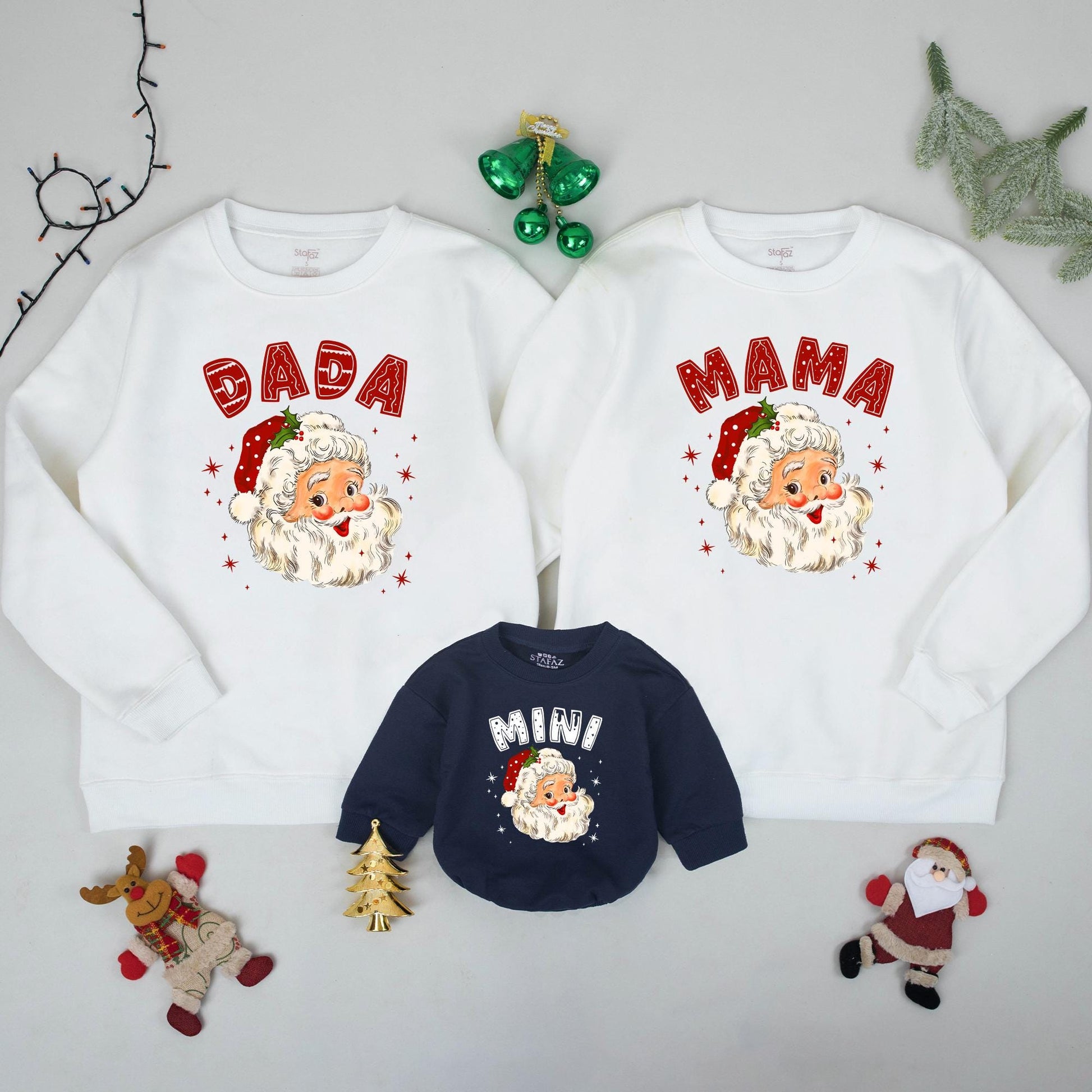 Retro Santa Claus Family Matching Sweatshirts Daddy Mommy Mini Holiday Outfits Baby's First Christmas Gift Whimsical Vintage Style