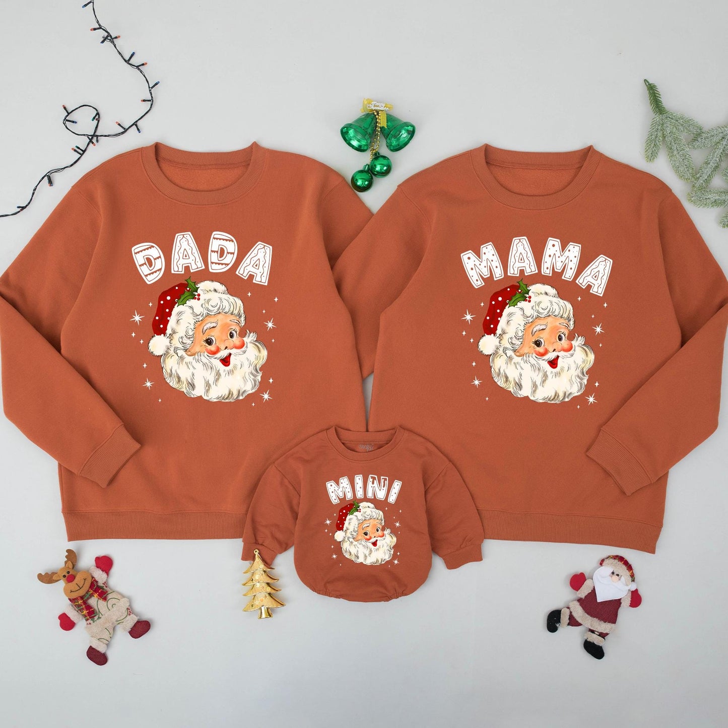 Retro Santa Claus Family Matching Sweatshirts Daddy Mommy Mini Holiday Outfits Baby's First Christmas Gift Whimsical Vintage Style