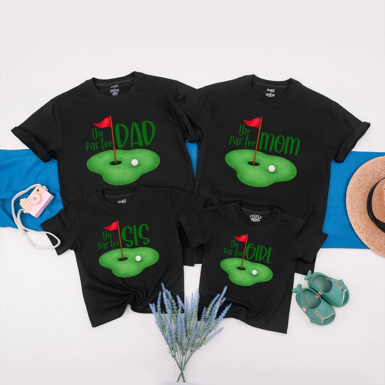 The Par-Tee Birthday Matching Family Golf Shirts: Cartoon Green with Red Flag, Personalized Boy or Girl First Birthday Outfit, Golf Party Tees (DAD, MOM, SIS)