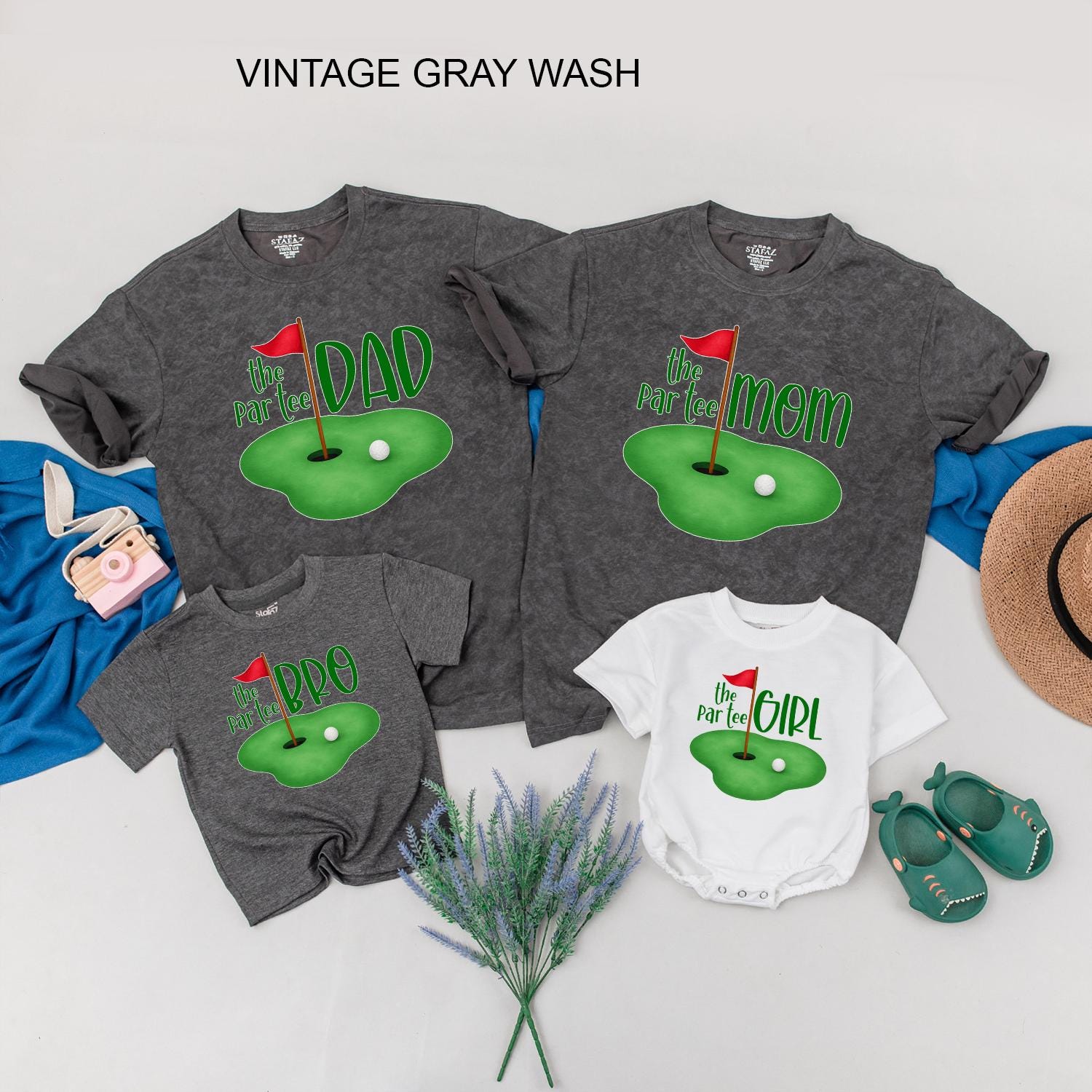 The Par-Tee Birthday Matching Family Golf Shirts: Cartoon Green with Red Flag, Personalized Boy or Girl First Birthday Outfit, Golf Party Tees (DAD, MOM, SIS)