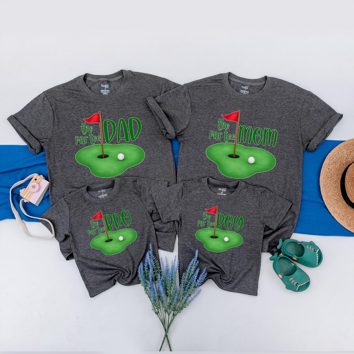 The Par-Tee Birthday Matching Family Golf Shirts: Cartoon Green with Red Flag, Personalized Boy or Girl First Birthday Outfit, Golf Party Tees (DAD, MOM, SIS)