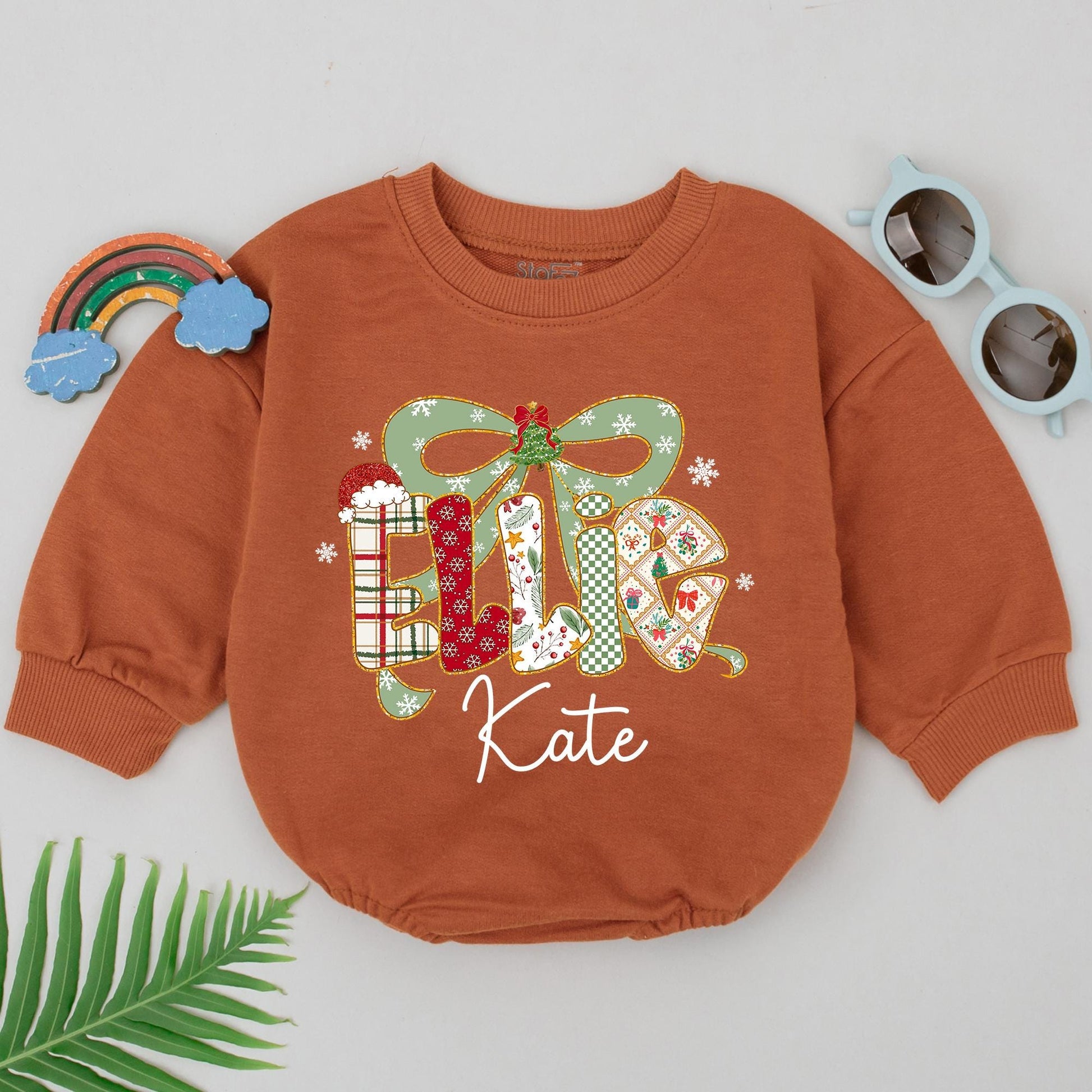 Ellie & Kate Personalized Christmas Romper Baby Girl Outfit Retro Bow Bodysuit Winter Holiday Xmas Clothes Custom First Christmas Gift