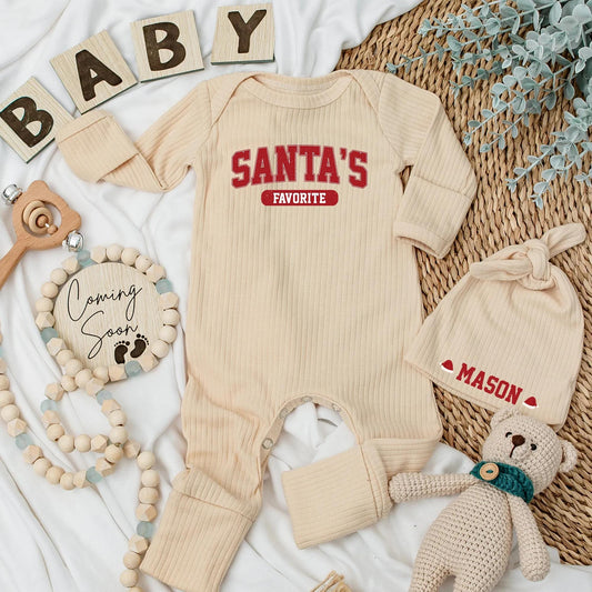 Personalized Santa's Favorite Baby Bodysuit Newborn Christmas Announcement Outfit Holiday Shower Gift Red Varsity Style