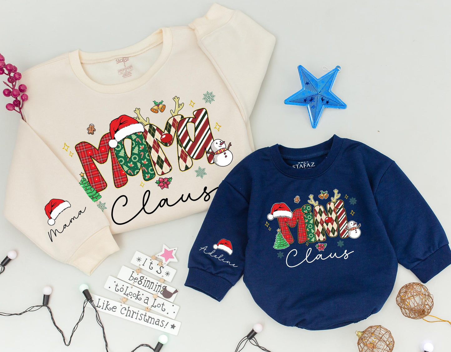 Mama Claus & Mini Claus Matching Christmas Sweatshirts Whimsical Holiday Outfits with Plaid Stripes Ornaments Snowflakes Trees Family Joyful Custom Gift