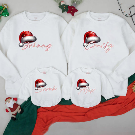 Personalized Christmas Family Sweatshirt with Santa Hat Name Design Festive Holiday Matching Xmas Outfits for Mom Dad Kids Playful Celebration Gear