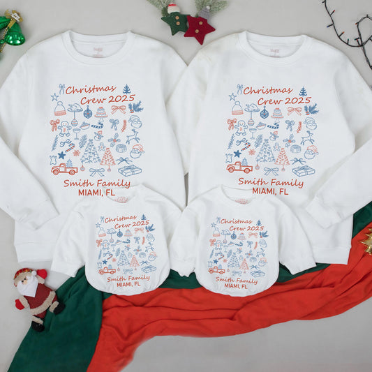 Custom Matching Family Christmas Crew 2025 Sweatshirt Whimsical Red Blue Illustrations Festive Smith Family Name Holiday Outfit