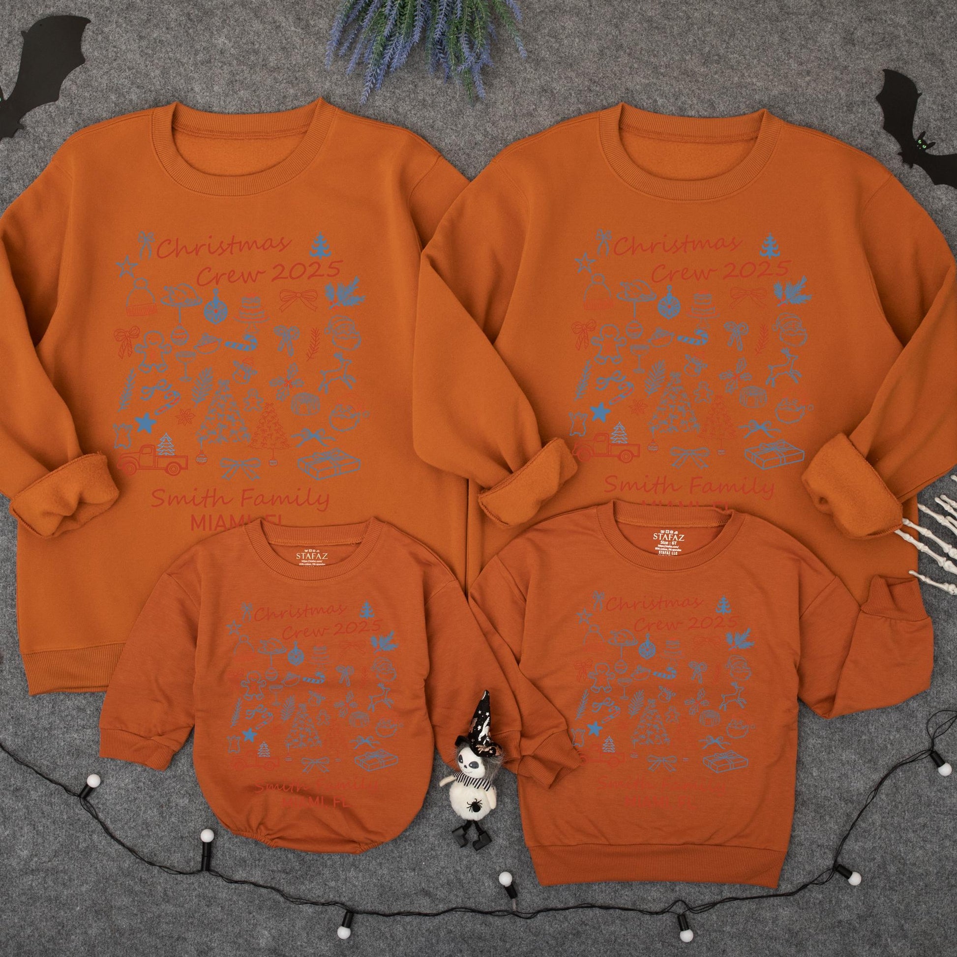 Custom Matching Family Christmas Crew 2025 Sweatshirt Whimsical Red Blue Illustrations Festive Smith Family Name Holiday Outfit
